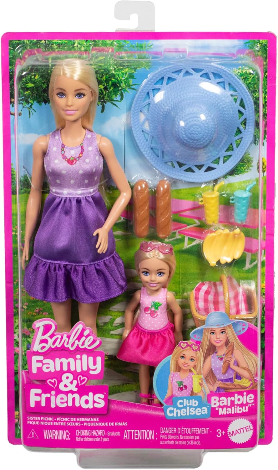 Barbie Family & Friends Dolls & Accessories Playset, Picnic-Themed Playset with Fashion & Small Dolls, Plus 9 Pieces Including Food, JBF43