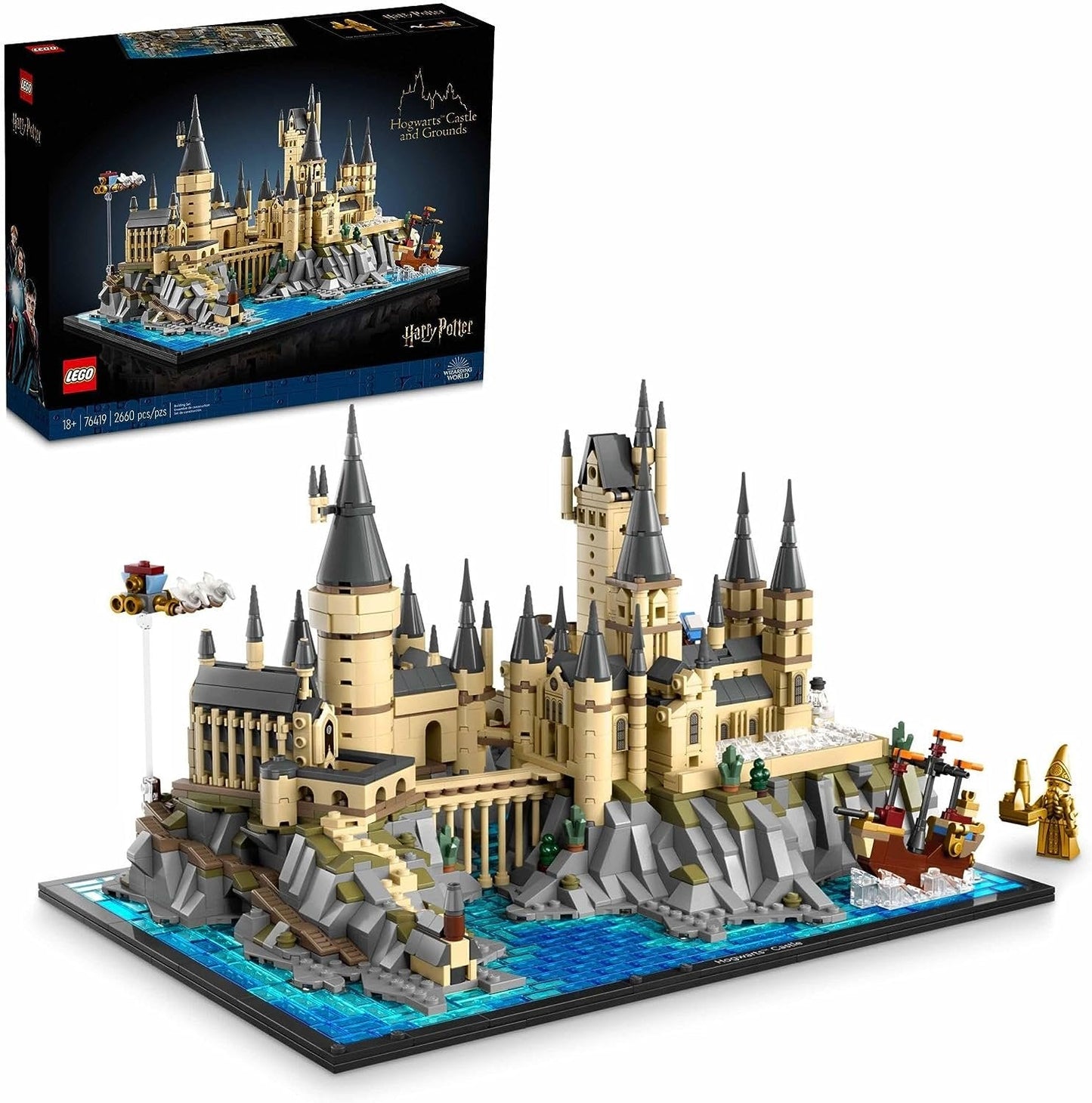LEGO 76419 Hogwarts Castle and Grounds set showcasing a microscale model of the castle with the Main Tower, Astronomy Tower, Great Hall, courtyards, greenhouses, Boathouse, and the Black Lake.