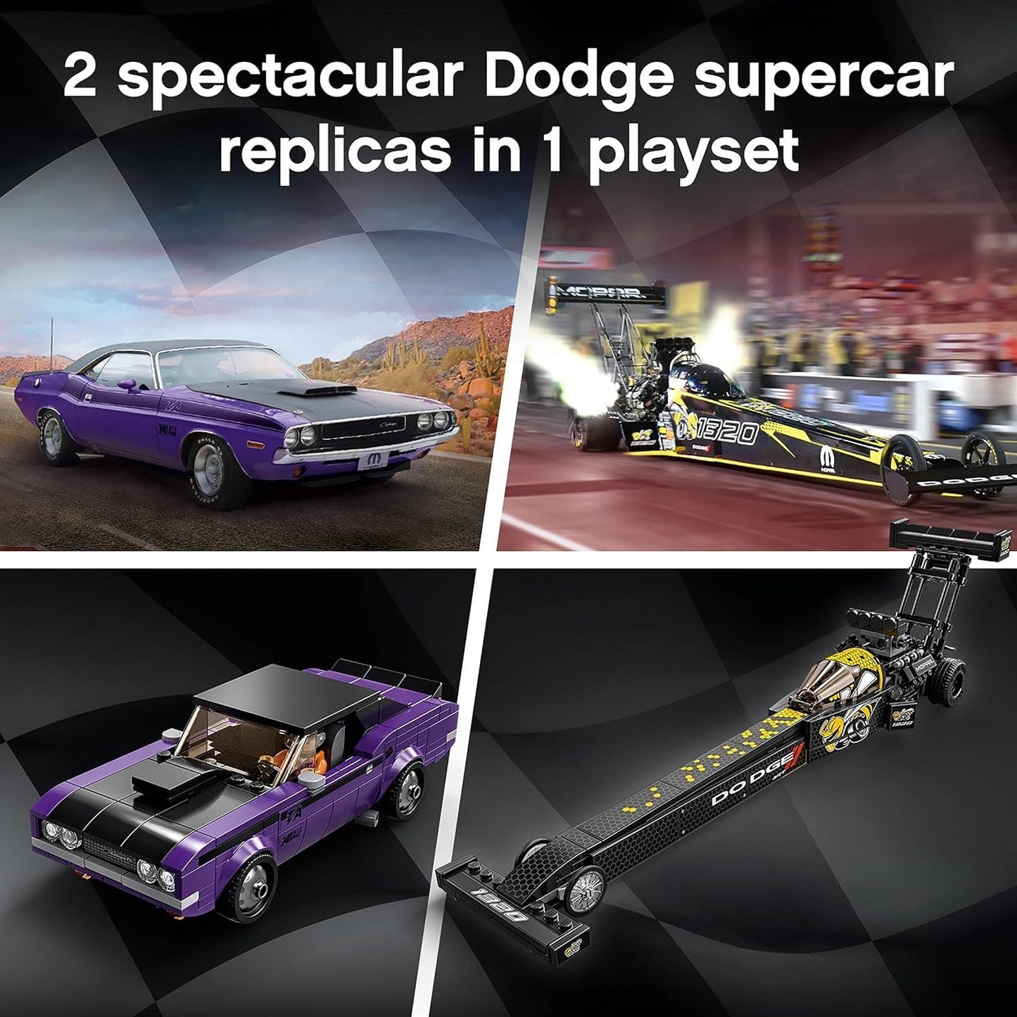 LEGO 76904 Speed Champions Mopar Dodge SRT Top Fuel Dragster&1970 Dodge Challenger T/A,Multicolor, 627 Pcs\