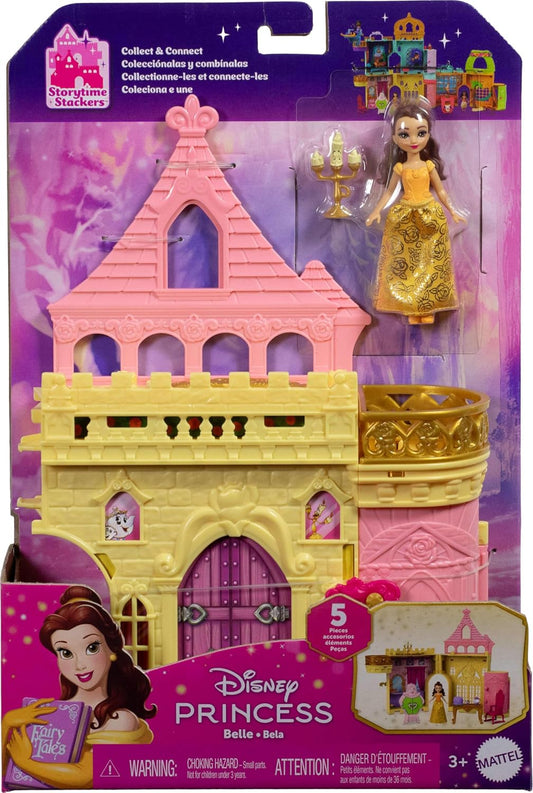 Mattel Disney Princess Toys, Belle Stackable Castle Doll House Playset with Small Doll and 9 Pieces, Inspired by The Disney Movie, Kids Travel Toys