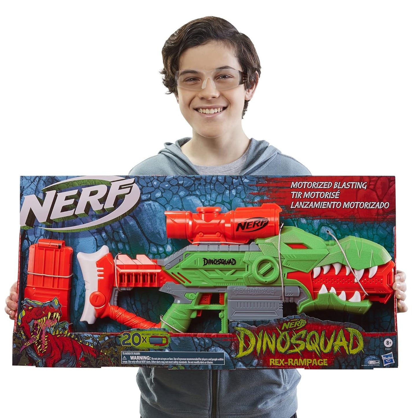 Nerf DinoSquad Rex-Rampage Motorized Dart Blaster, 10-Dart Clip, 20 Official Darts, 10-Dart Storage- T-Rex Dinosaur Design