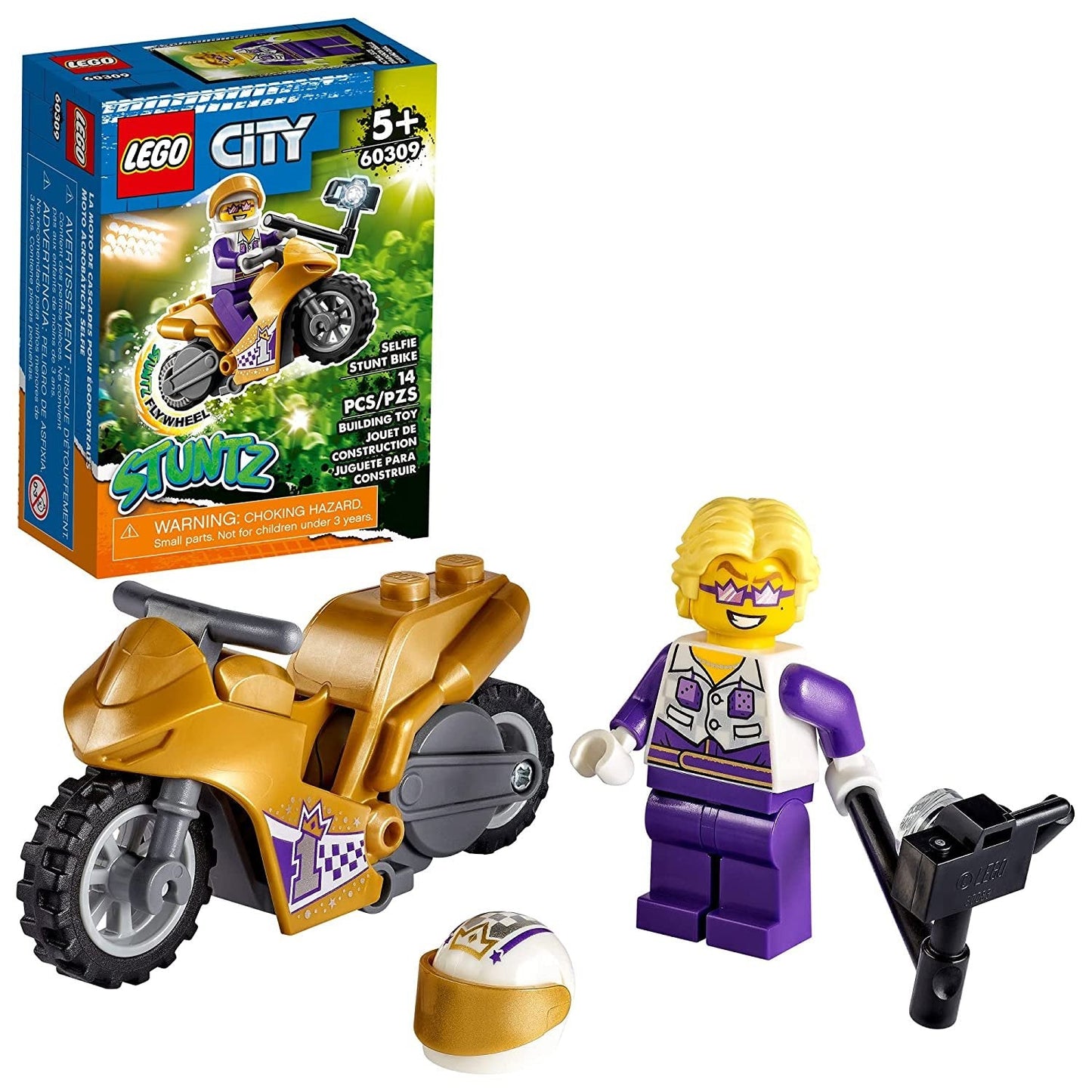 LEGO City Selfie Stunt Bike 60309 set with 14 pieces, including a flywheel-powered bike and Spotlight minifigure for stunt action.