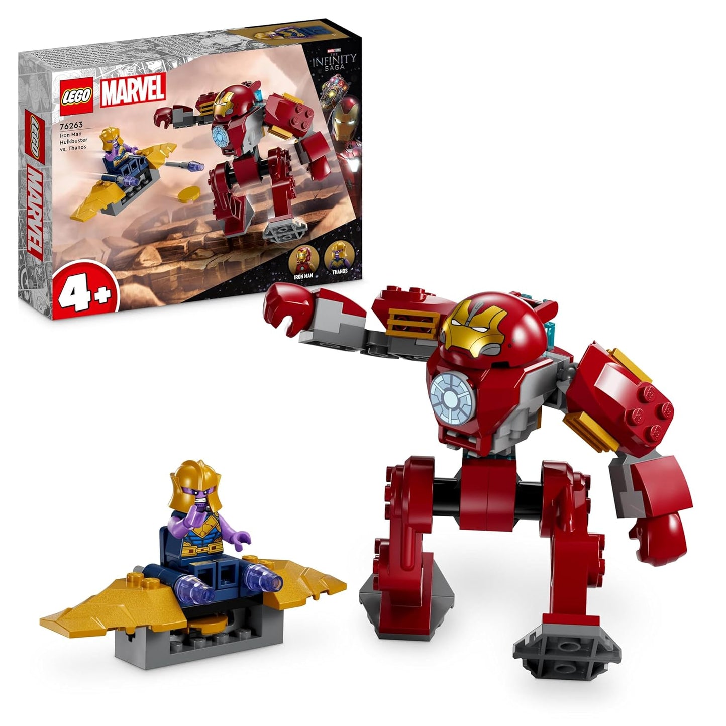 LEGO 76263 Marvel Iron Man Hulkbuster vs. Thanos set featuring Iron Man in Hulkbuster armor, Thanos, and action-packed battle scene.