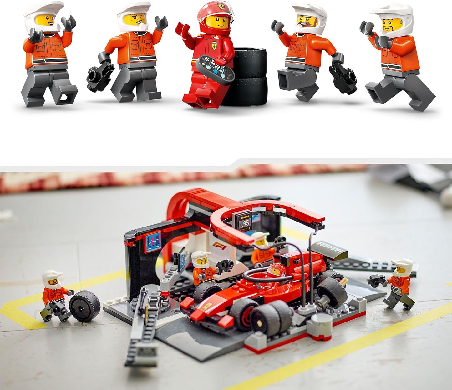 LEGO City F1 Pit Stop & Pit Crew with Ferrari Car Toy - Formula 1 Set incl. a Driver Minifigure, 4 Mechanics, Spare Tyres & Wheel Guns - Building Toys for 6+ Year Old Boys & Girls - 60443