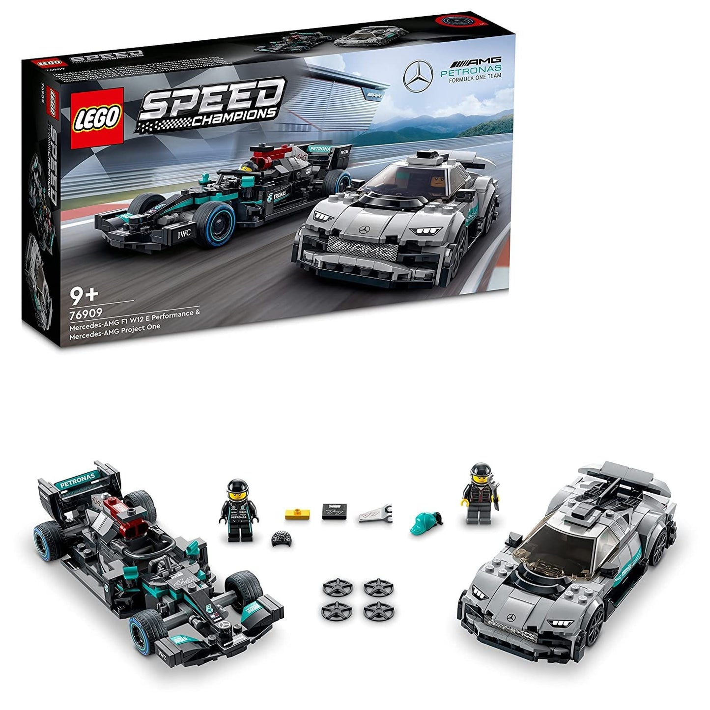 LEGO Speed Champions set 76909 featuring Mercedes-AMG F1 W12 E Performance and Project One models with two driver minifigures.