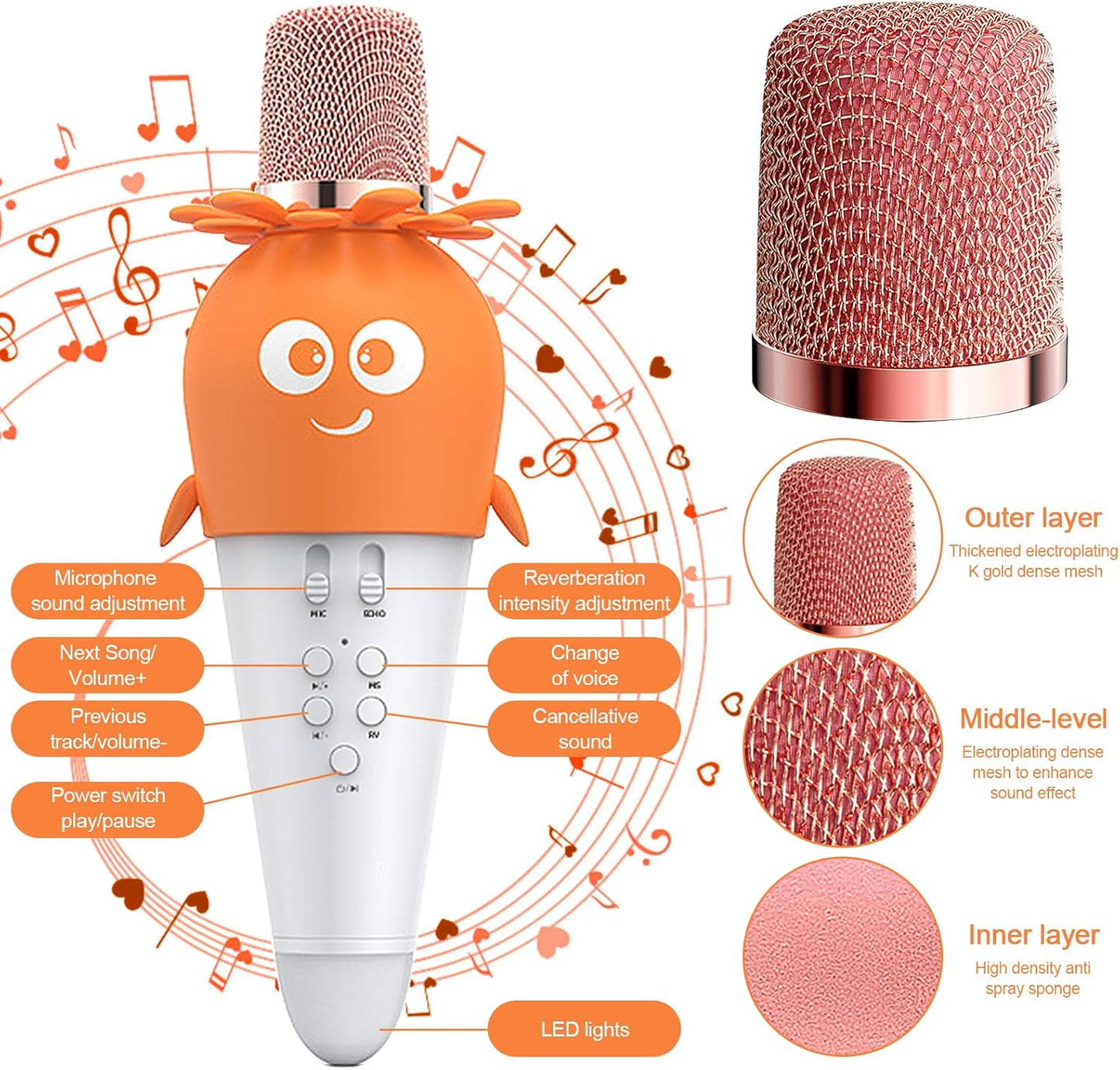 Wireless Bluetooth Karaoke Microphone, Portable 4D Stereo Mircophone with LED 7 Colorful Light, Intelligent Sound Repair Mic Speaker (Orange)