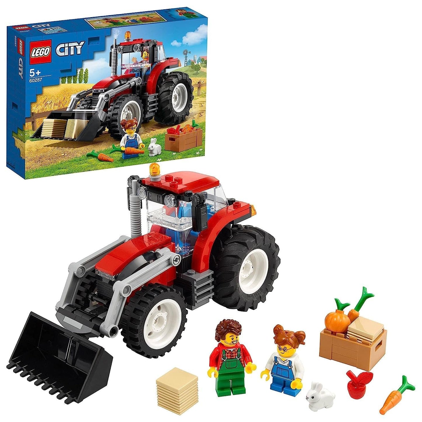 LEGO City Tractor 60287 – Includes a red tractor with large rear tires, tipping loader, farmer and daughter minifigures, rabbit figure, and farm accessories.