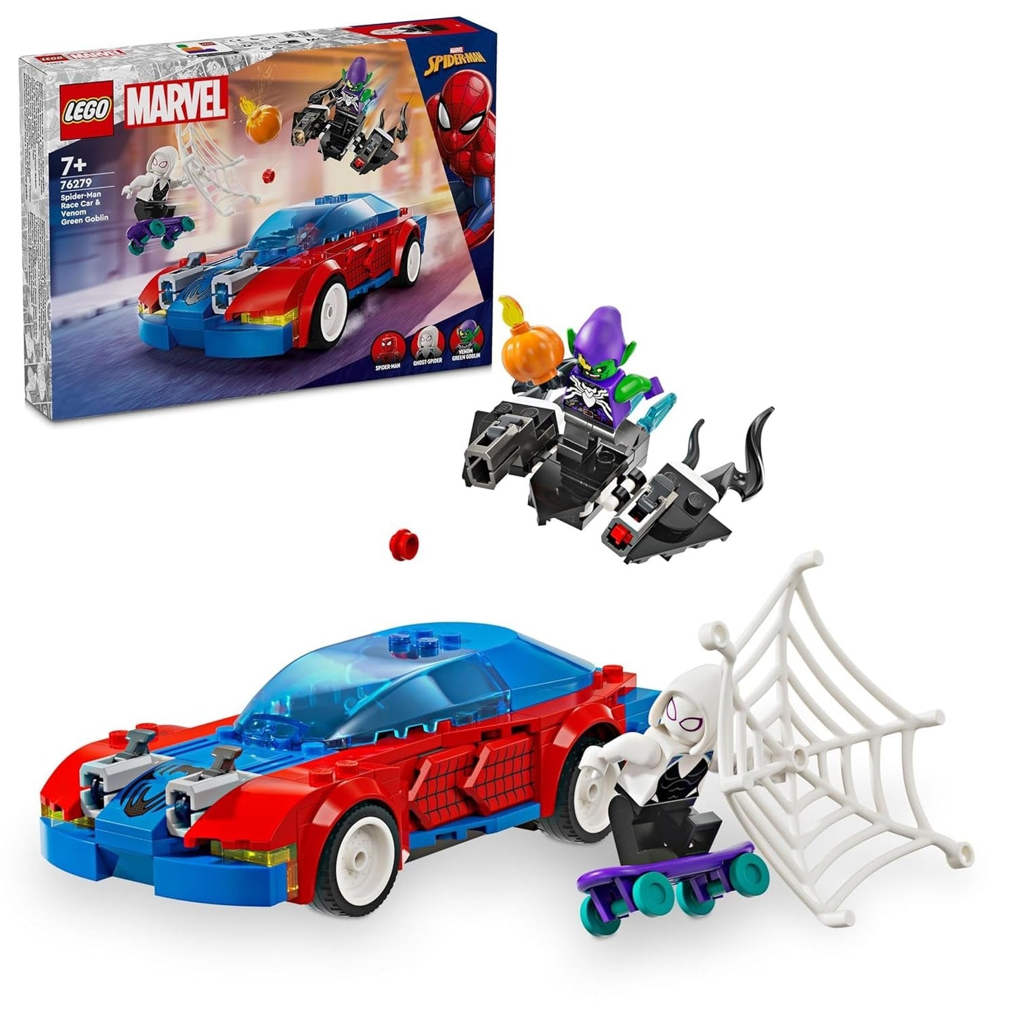 LEGO 76279 Spider-Man Race Car & Venom Green Goblin set featuring Spider-Man's car with stud shooters, Green Goblin's glider with pumpkin bombs, Ghost-Spider's skateboard, and 3 minifigures.