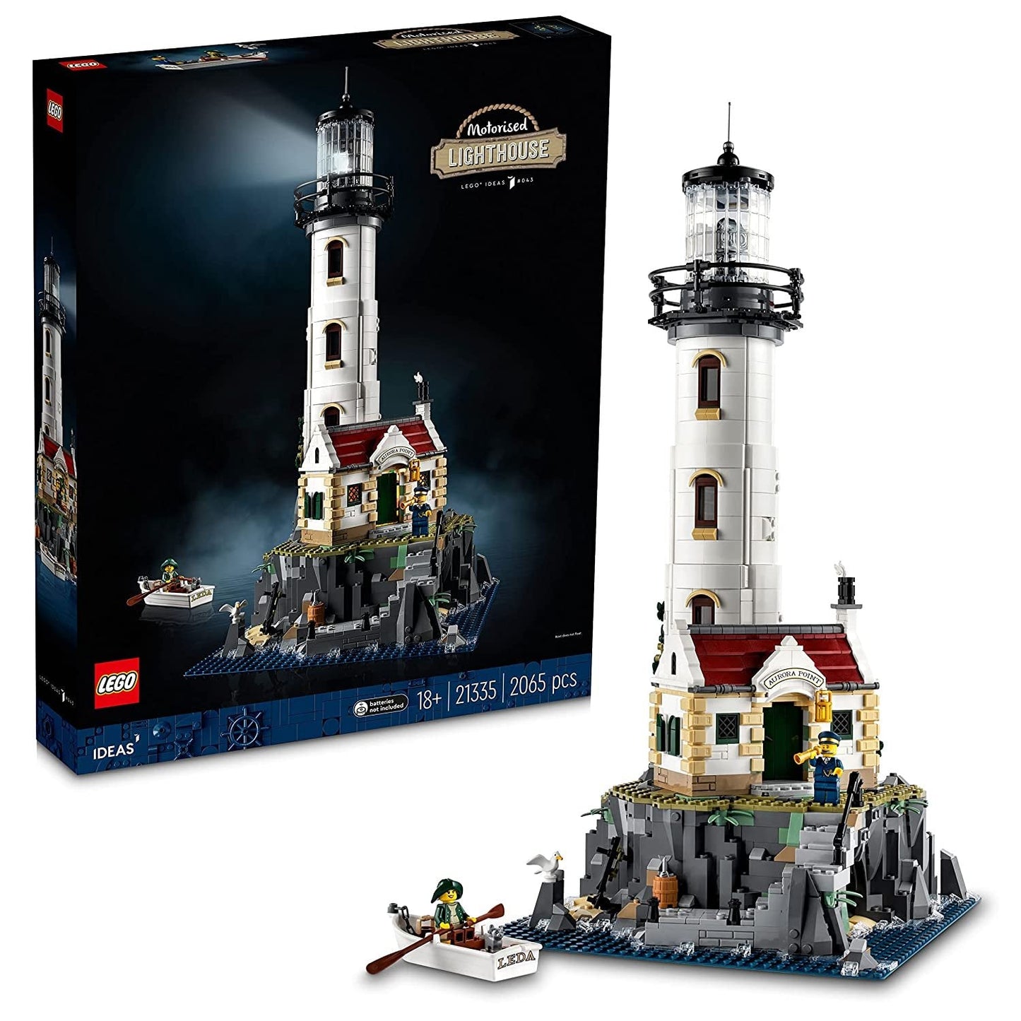 LEGO Ideas Motorized Lighthouse 21335 set with 2,065 pieces, featuring a rotating light mechanism, detailed cottage, and immersive building experience.