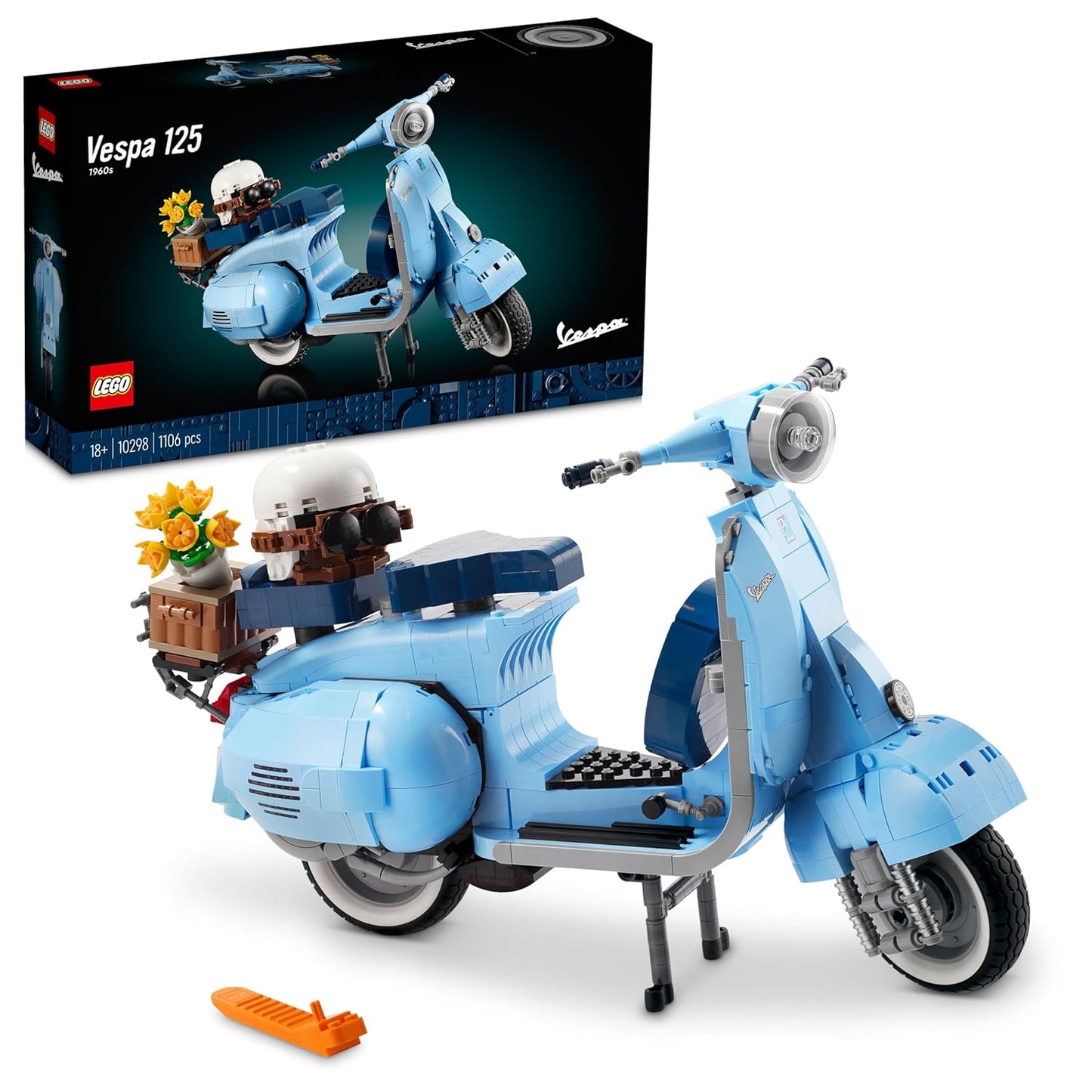 LEGO 10298 Vespa 125 model kit with 1,106 pieces, showcasing a detailed scooter design