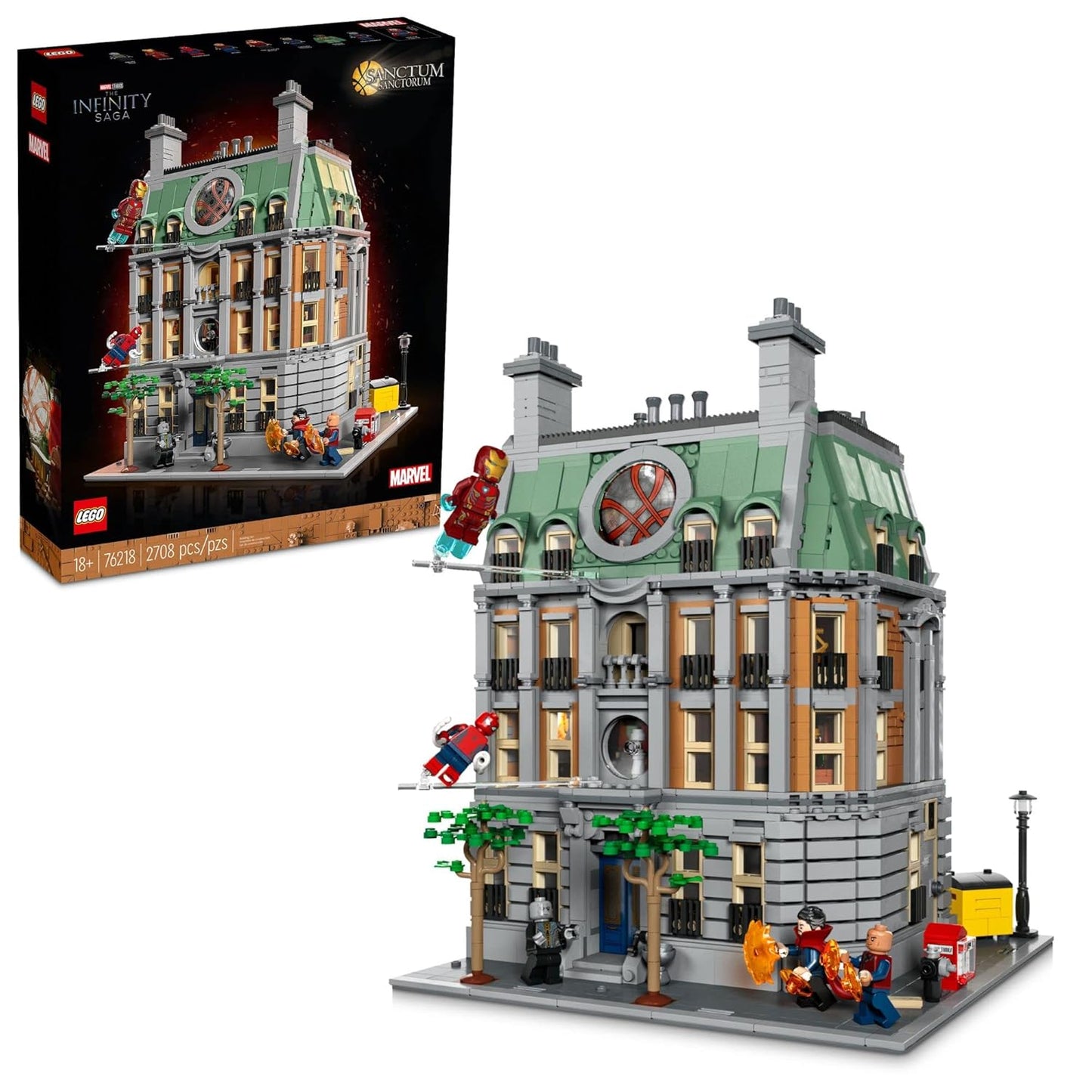 LEGO Marvel Sanctum Sanctorum 76218 set showcasing a detailed 3-story modular building with 9 minifigures, including Doctor Strange and Scarlet Witch.