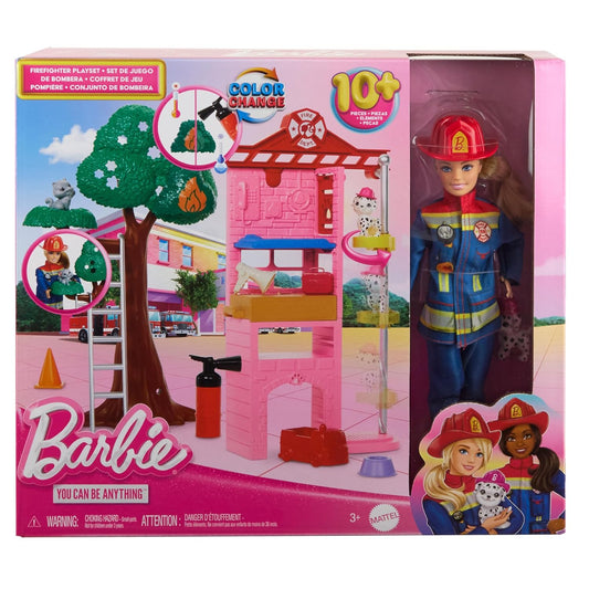 Barbie Careers Firefighter Doll & Playset with Fire Station & Tree, 2 Pets, Color-Change & 10+ Accessories Including Fire Extinguisher Squirt Toy