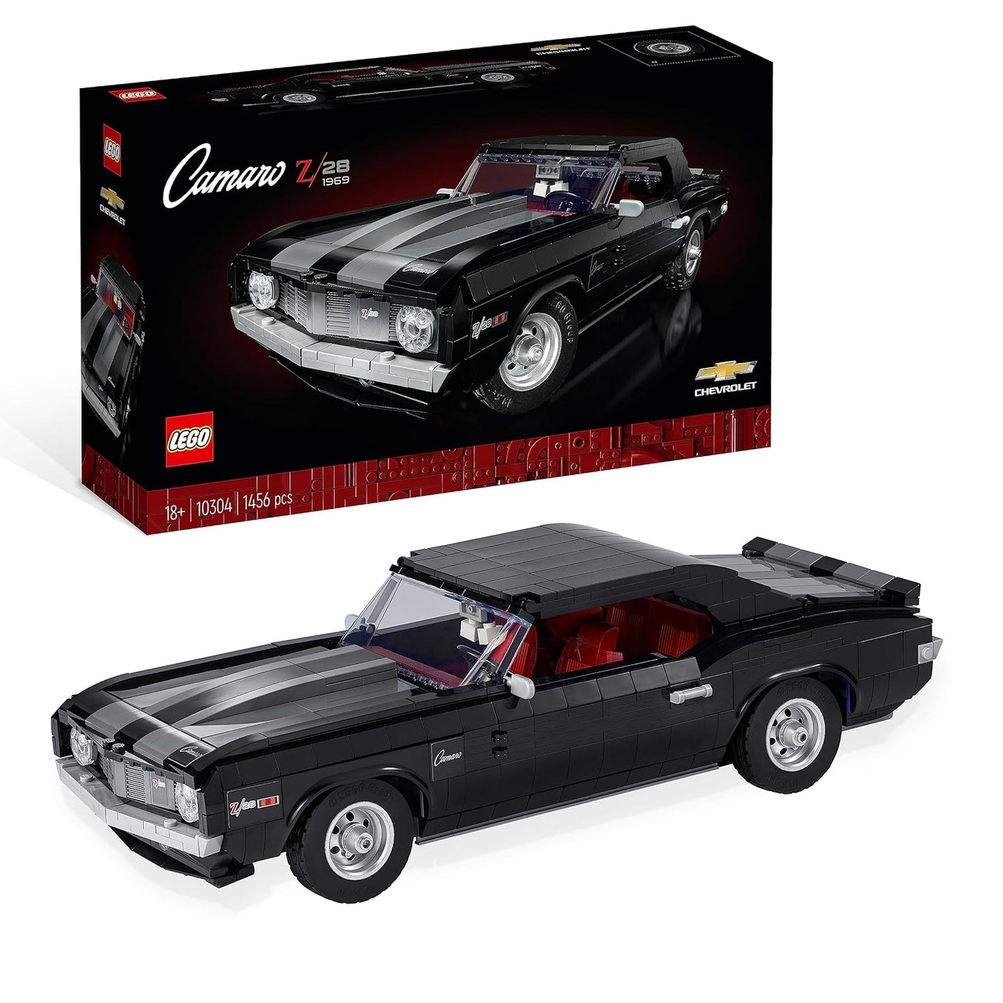 LEGO Icons 10304 Chevrolet Camaro Z28 set showcasing the detailed black muscle car model with customizable features and realistic design.