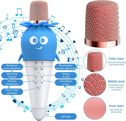 Wireless Bluetooth Karaoke Microphone, Portable 4D Stereo Mircophone with LED 7 Colorful Light, Intelligent Sound Repair Mic Speaker (Blue)
