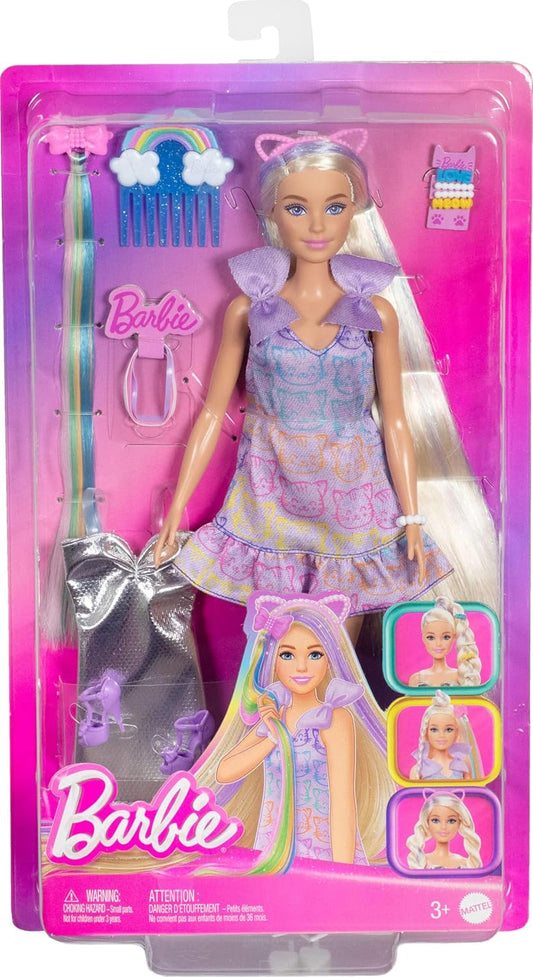 Barbie Fun & Fancy Blonde Fashion Doll – Extra-Long Hair, 2 Stylish Looks, Silver Metallic Dress & Colorful Hair Extension, Doll & Accessories Gift Set