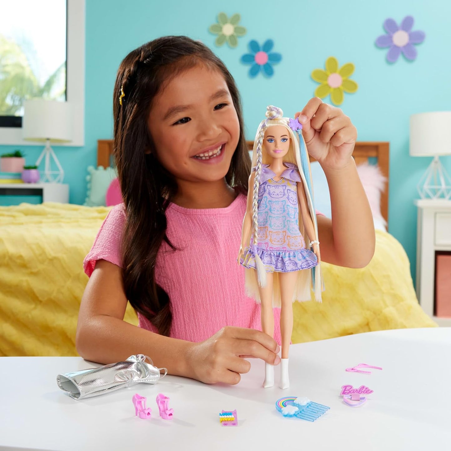 Barbie Fun & Fancy Blonde Fashion Doll – Extra-Long Hair, 2 Stylish Looks, Silver Metallic Dress & Colorful Hair Extension, Doll & Accessories Gift Set