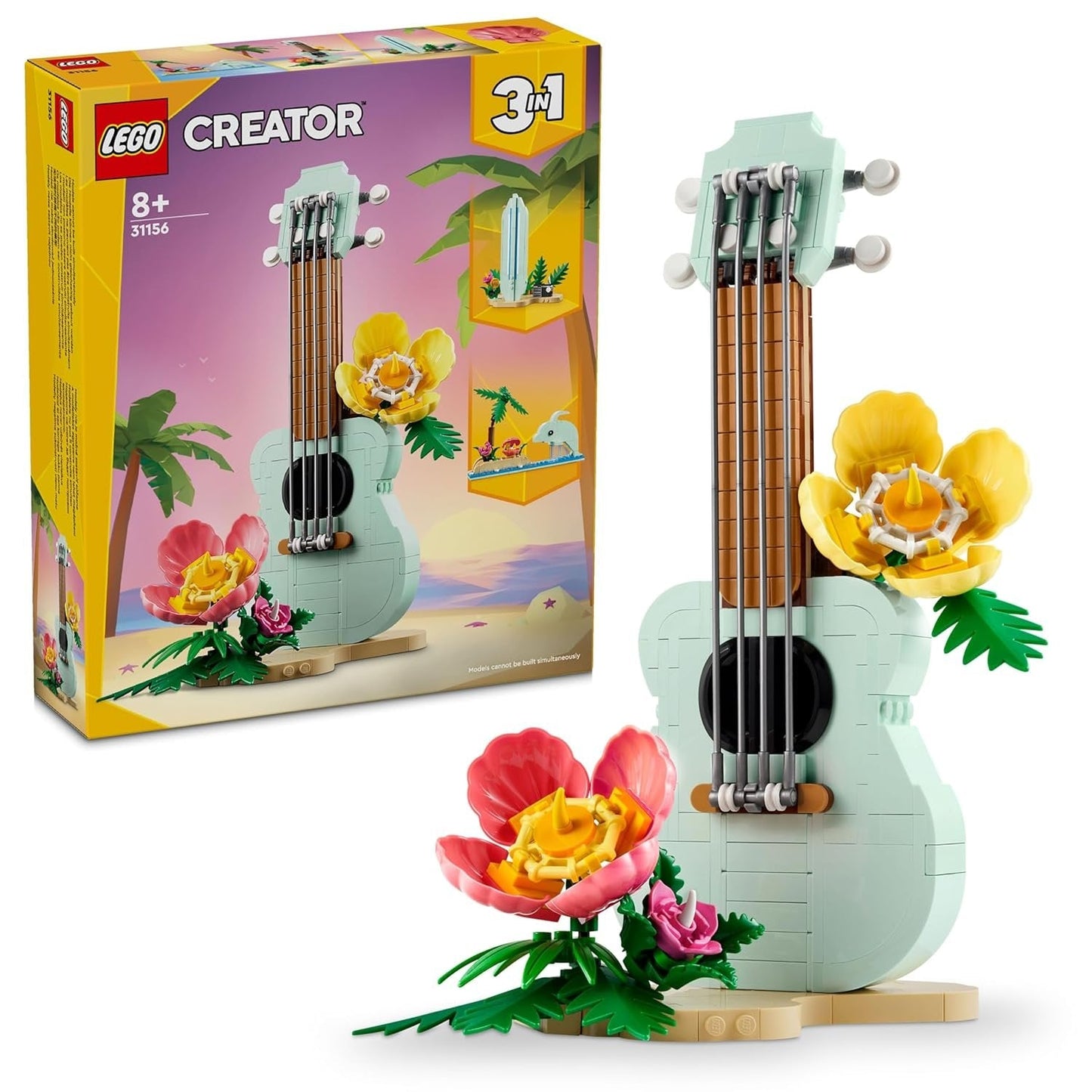 LEGO Creator 31156 Tropical Ukulele 3-in-1 set featuring a buildable ukulele with moving strings, leaping dolphin with palm tree, and surfboard scene with radio.