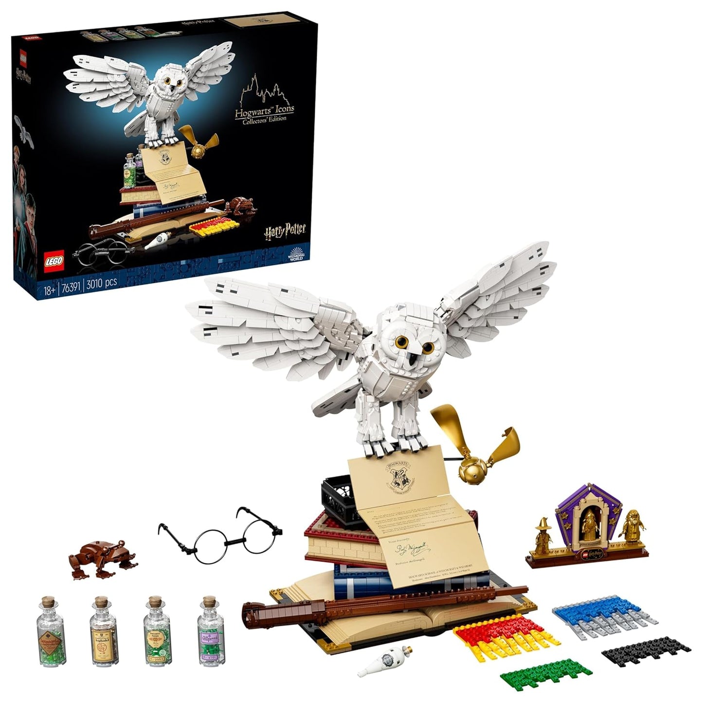 LEGO 76391 Hogwarts Icons – Collectors’ Edition set with 3,010 pieces, showcasing Hedwig, iconic artifacts, and 3 golden anniversary minifigures.