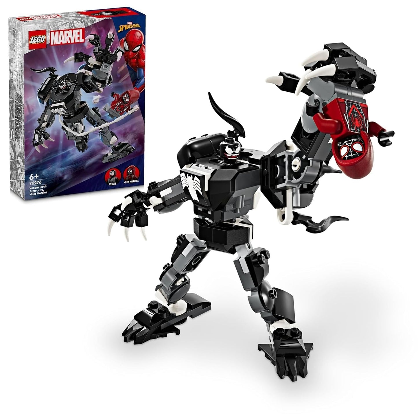 LEGO® Marvel 76276 Venom Mech Armor vs. Miles Morales set showcasing a fully jointed Venom mech with articulated limbs and cockpit, accompanied by Miles Morales with web-shooting accessories.