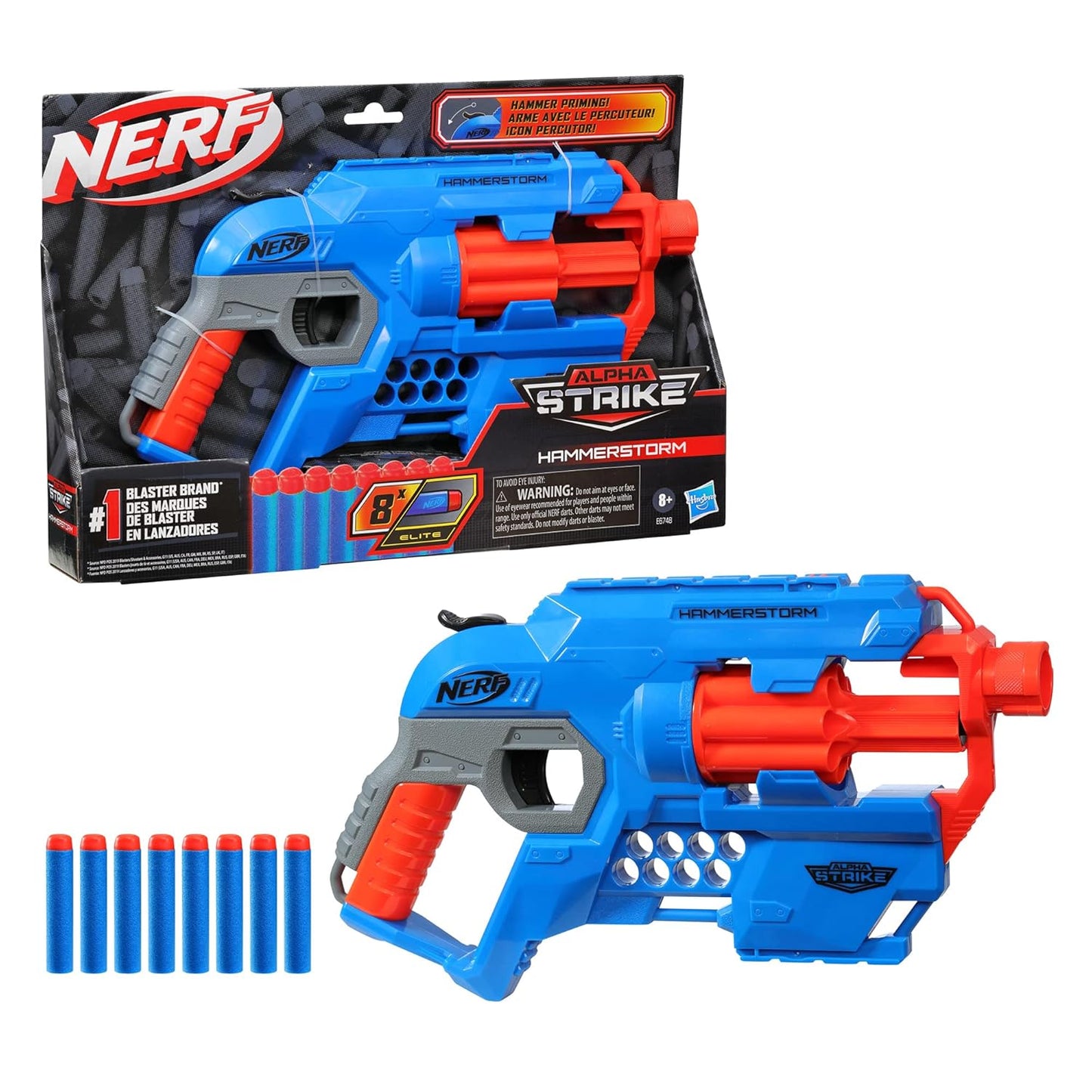Nerf Alpha Strike Hammerstorm Blaster – Hammer-Priming Action, Rotating 8-Dart Drum, 8 Official Nerf Elite Darts – for Children, Teens, Adults, Multicolor