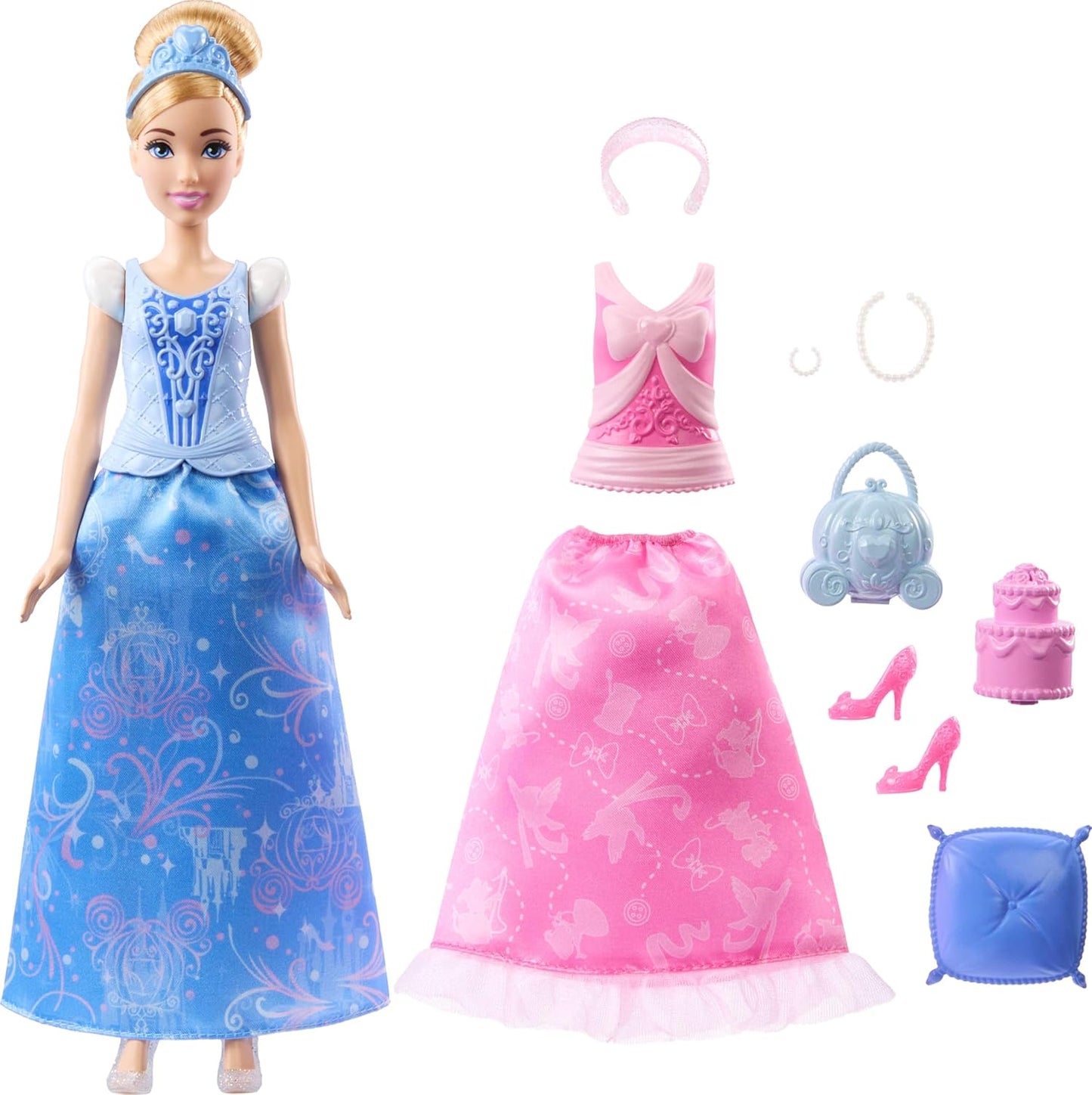 Disney Princess 2-in-1 Stories Cinderella Fashion Doll with 2 Snap-On Bodices, 2 Skirts & 9 Accessories