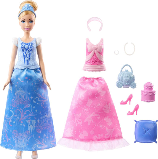 Disney Princess 2-in-1 Stories Cinderella Fashion Doll with 2 Snap-On Bodices, 2 Skirts & 9 Accessories