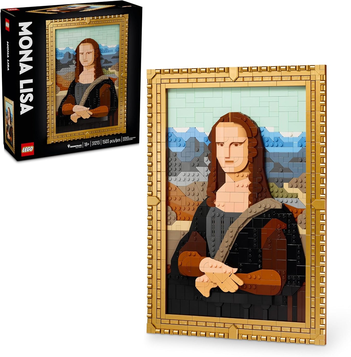 LEGO Art Mona Lisa set 31213, featuring a detailed mosaic of the Mona Lisa within a detachable gold-colored frame, composed of 1,503 pieces