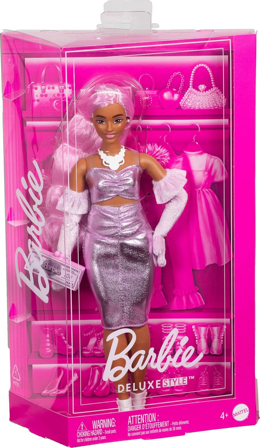 Barbie Deluxe Style Doll #1 in Barbiecore Outfit, Pink Hair and Glossy Pink Dress with Accessories Like Velvet Gloves, Money Purse, and More
