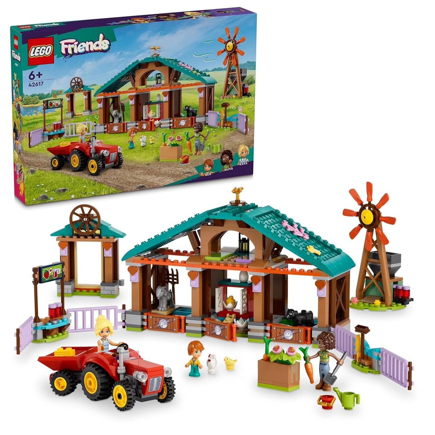 LEGO Friends 42617 Farm Animal Sanctuary set featuring a farm building with separate animal areas, tractor, windmill, and 5 animal figures for imaginative play.