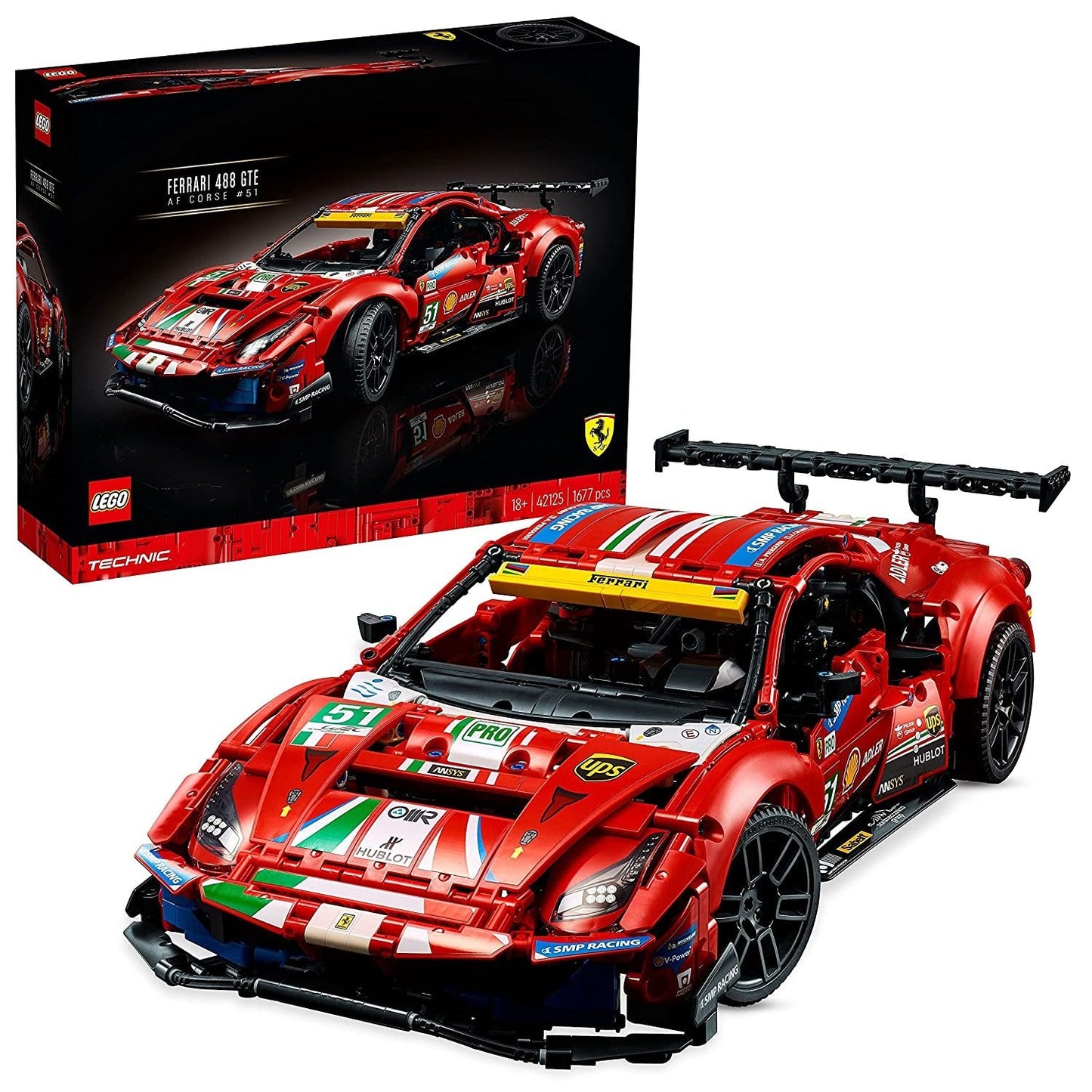 LEGO 42125 Ferrari 488 GTE “AF Corse #51” Technic model building set – realistic Ferrari race car replica