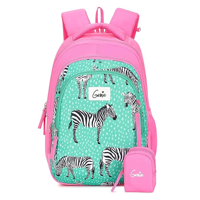 Genie Valerie Kids Backpacks, 15 inches, Cute, Colourful bags for girls, Water Resistant and Lightweight. 3 compartment with Happy Pouch