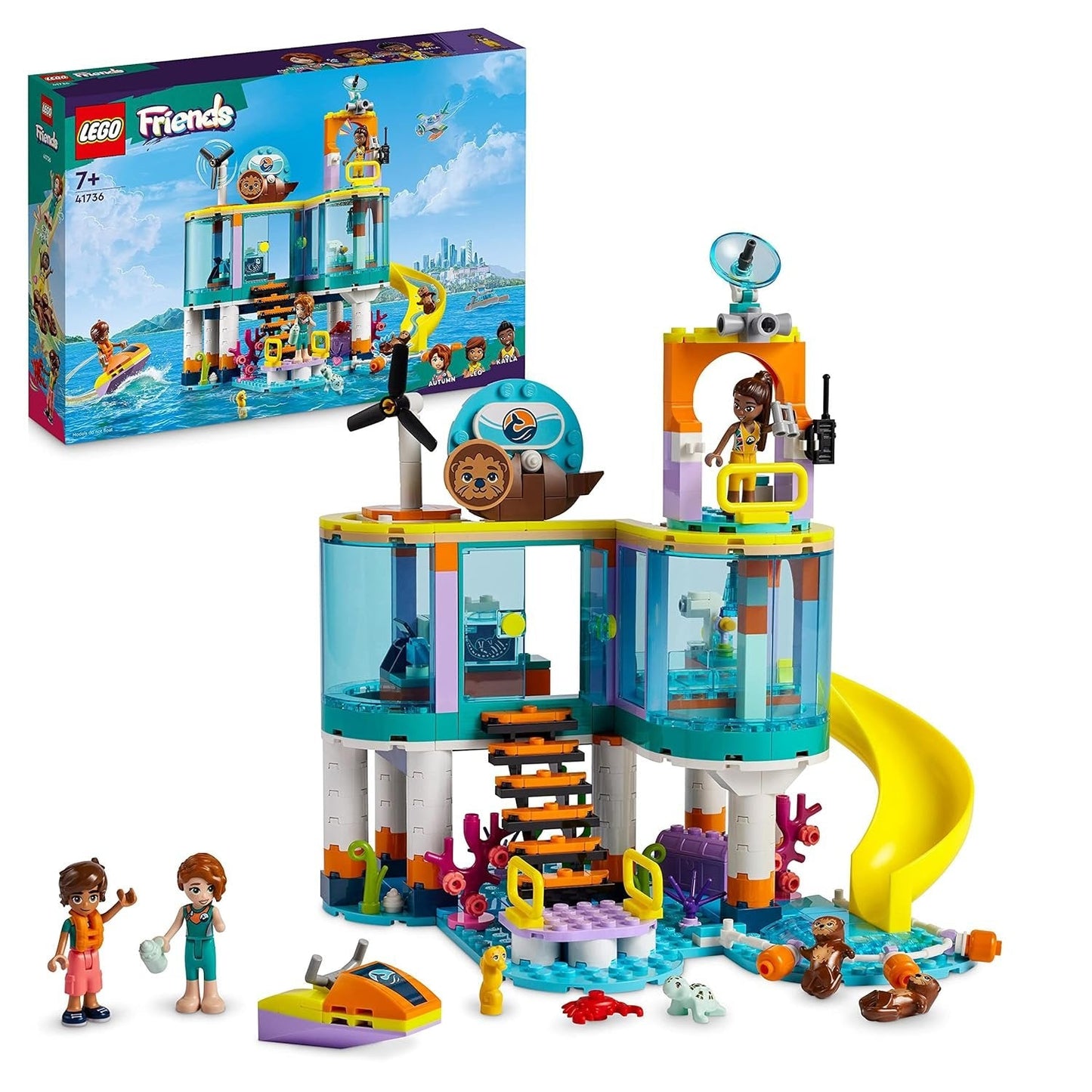 LEGO Friends Sea Rescue Center (41736) set with rescue vehicles, sea creatures, and accessories—perfect for marine-themed creative play.