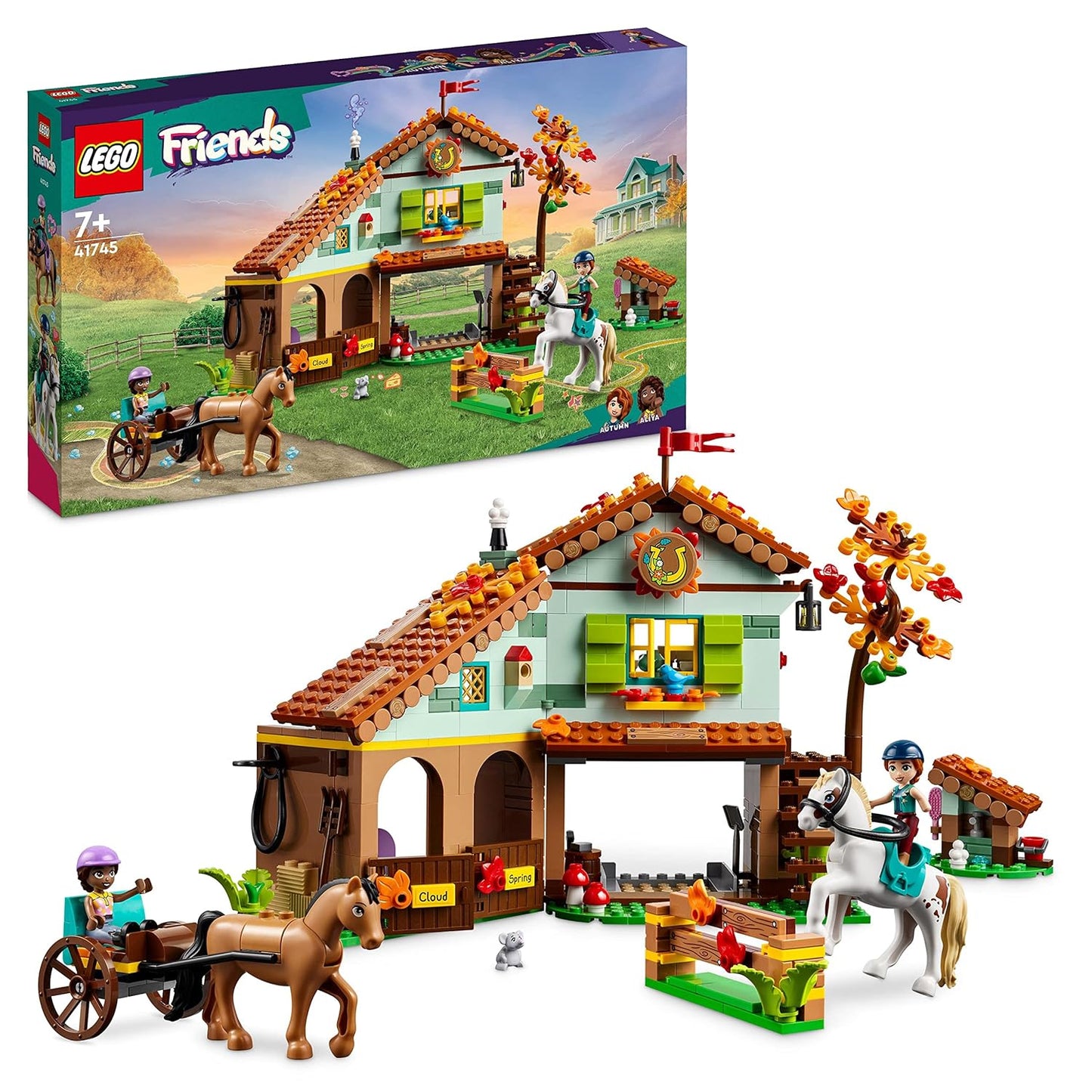 LEGO Friends 41745 Autumn's Horse Stable set with stables, horses, mini-dolls, and farm accessories in a colorful countryside scene
