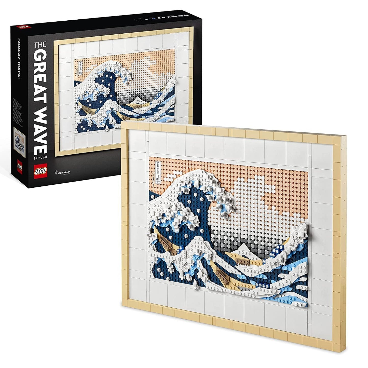 LEGO Art Hokusai – The Great Wave 31208 set with 1,810 pieces, including six canvas plates, two hanger elements, and a decorative tile featuring Hokusai's signature.
