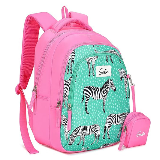 Genie Valerie Kids Backpacks, 15 inches, Cute, Colourful bags for girls, Water Resistant and Lightweight. 3 compartment with Happy Pouch