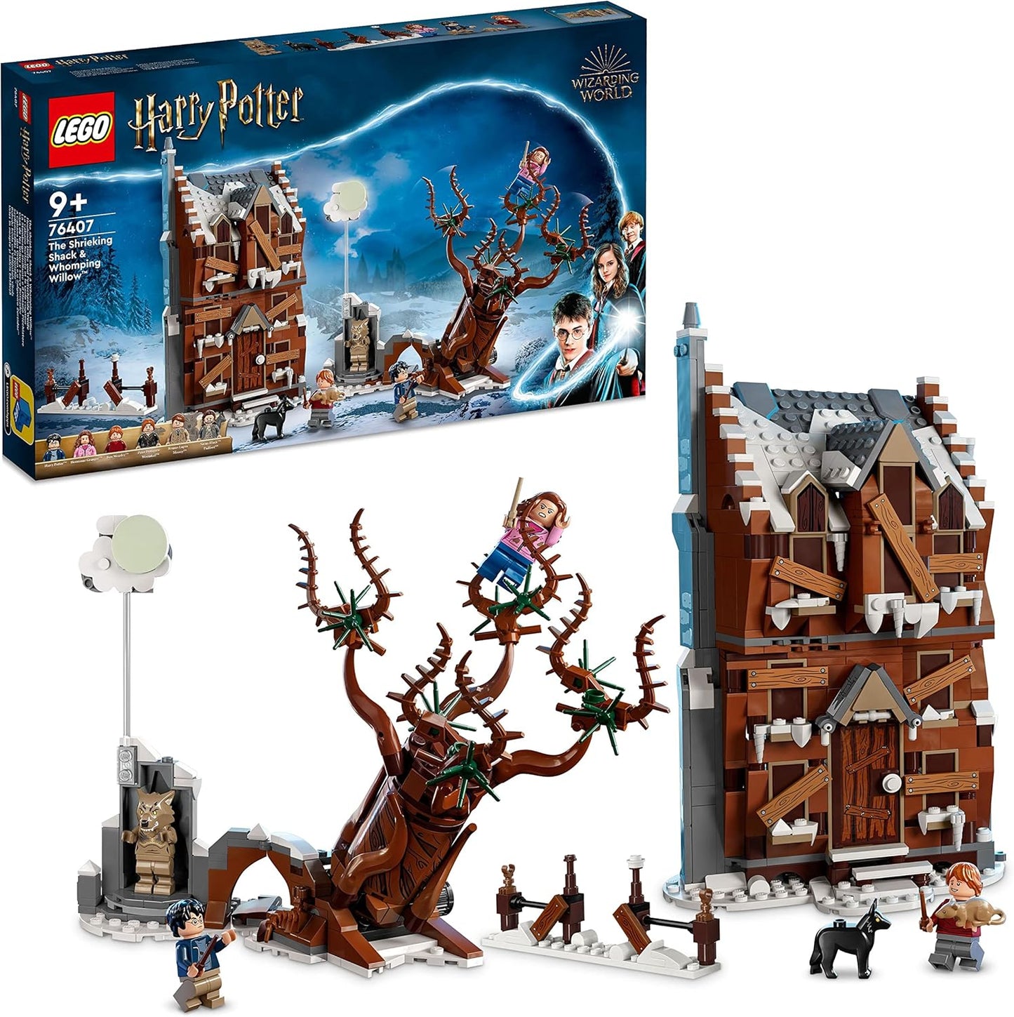LEGO 76407 Harry Potter Shrieking Shack and Whomping Willow set featuring detailed builds and characters from Prisoner of Azkaban
