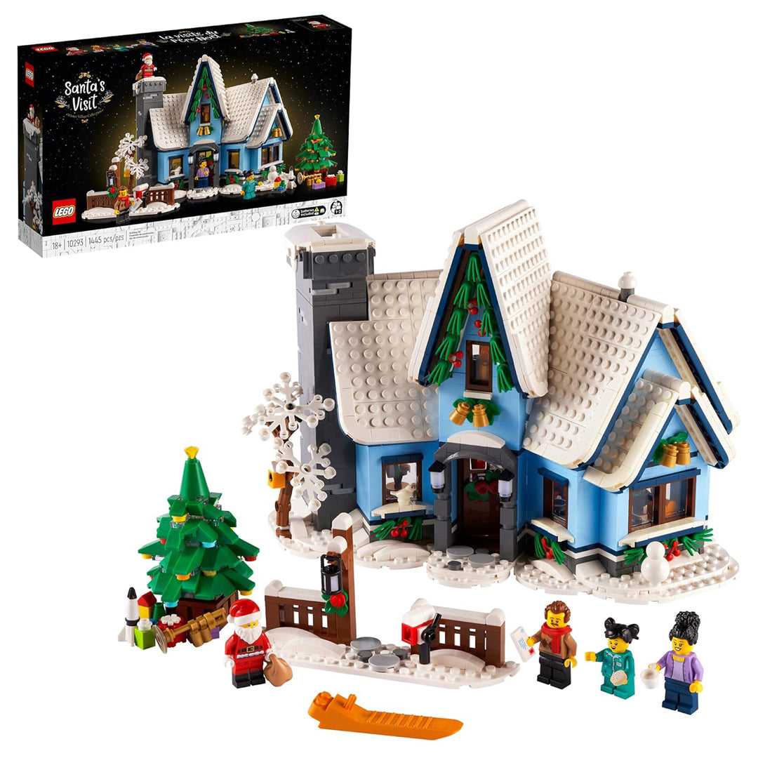 LEGO Icons Santa’s Visit 10293 – festive Christmas house model featuring Santa, a Christmas tree, and cozy holiday details. Perfect for adults and families.