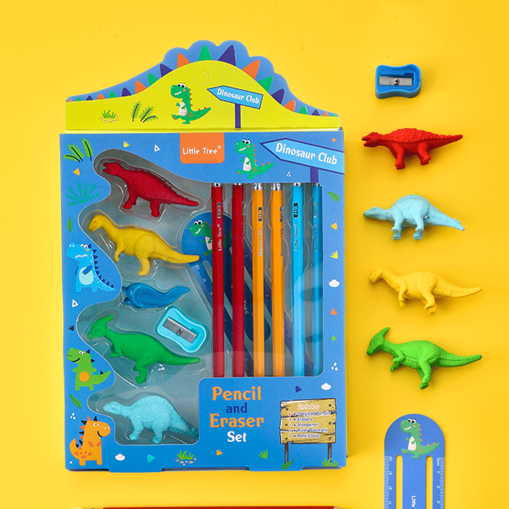 Little Tree Dinosaur Club Theme Pencil And Eraser 13 Pcs Combo Set