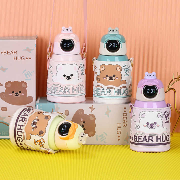 Bear Hug Stainless Steel Digital Water Bottle For Kids with carry bag, additional cup and sipper 500 ML (Cream)