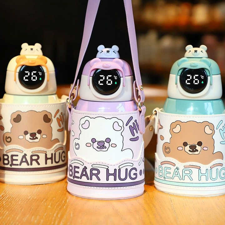 Bear Hug Stainless Steel Digital Water Bottle For Kids with carry bag, additional cup and sipper 500 ML (Cream)