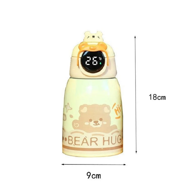 Bear Hug Stainless Steel Digital Water Bottle For Kids with carry bag, additional cup and sipper 500 ML (Cream)