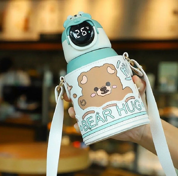 Bear Hug Stainless Steel Digital Water Bottle For Kids with carry bag, additional cup and sipper 500 ML (Green)