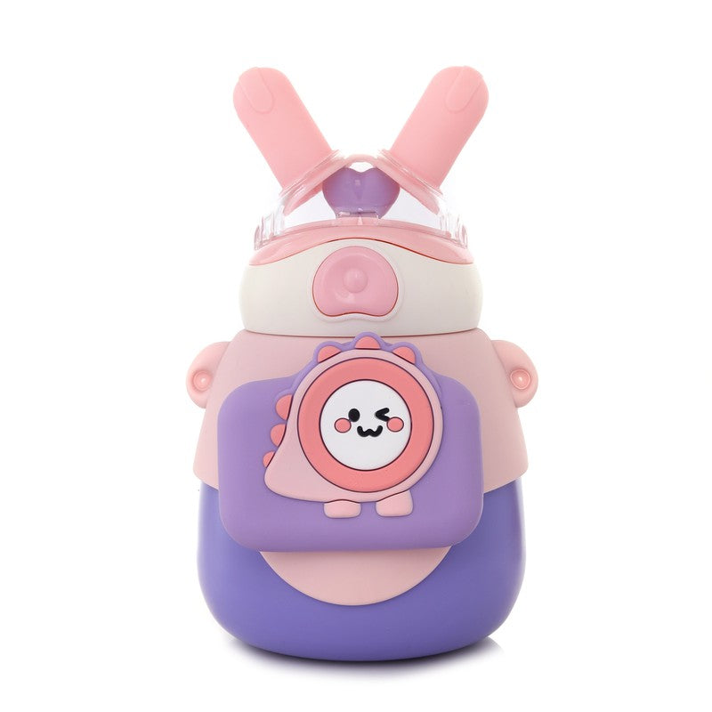 Lookoy Penguin Stainless Steel Water Bottle With Straw 550 ML (Pink)
