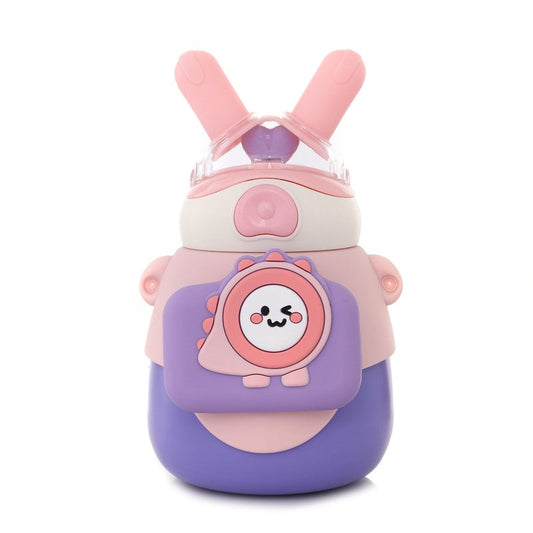 Lookoy Penguin Stainless Steel Water Bottle With Straw 550 ML (Pink)