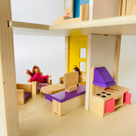 Open Ended Wooden Dollhouse - Redwood Cottage (19 pcs furniture + 2 doll figures included)-Pretend Play-Open Ended-Toycra