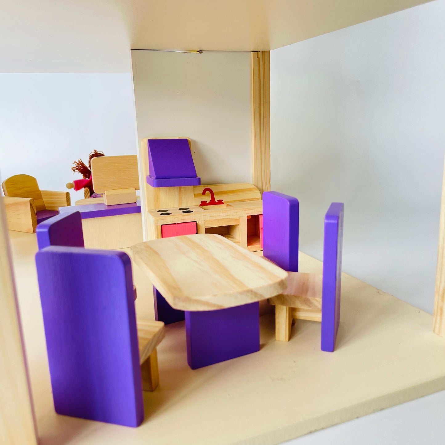 Open Ended Wooden Dollhouse - Redwood Cottage (19 pcs furniture + 2 doll figures included)-Pretend Play-Open Ended-Toycra