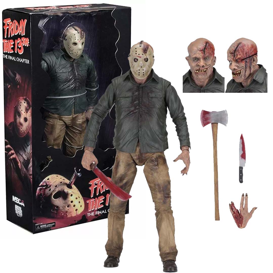 NECA 1/4 scale Jason Voorhees action figure from Friday the 13th: The Final Chapter with machete and detailed horror-themed sculpt.
