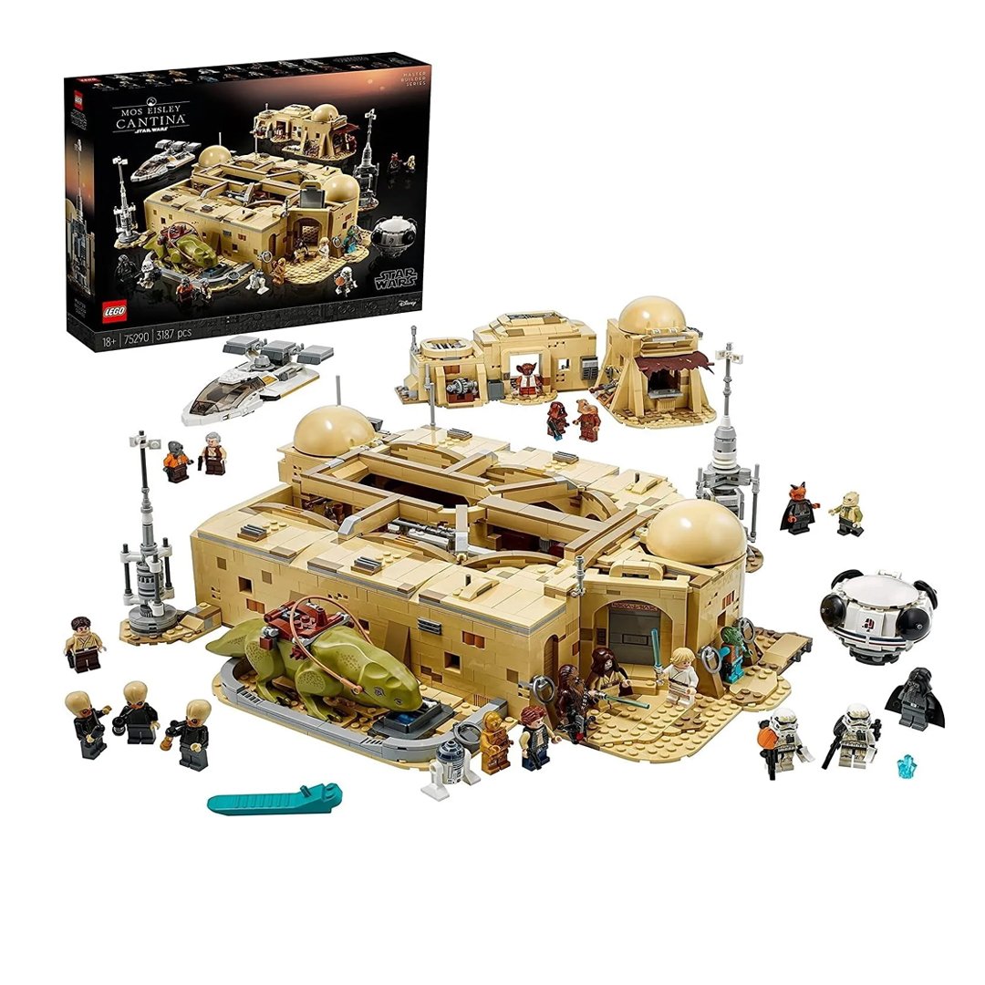 LEGO Star Wars Mos Eisley Cantina 75290 set featuring detailed cantina building, 21 minifigures, and Tatooine-themed accessories.