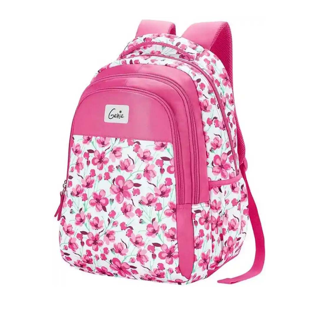 Genie Camellia 15-Inch Waterproof School Backpack – Pink | Lightweight, Stylish & Durable