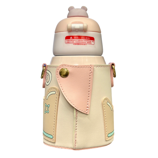 Bear Hug Stainless Steel Digital Water Bottle For Kids with carry bag, additional cup and sipper 500 ML (Pink)